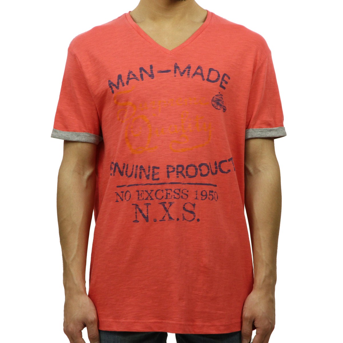 Ρ NO EXCESS   ȾµVͥåT T-shirt s/sl V-Neck Man-made print no iron slub 340214 68