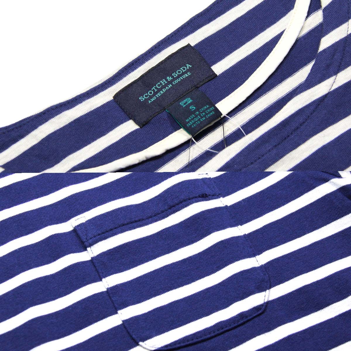 åɥ SCOTCHSODA  ĹµT Striped longsleeve tee with chestpocket and indigo collar50001B