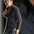 光沢調シャドーストライプ&イタリアンカラー/モテ系ドレスシャツ/黒ブラック/長袖メンズシャツ