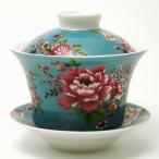 台湾茶器　蓋碗　花布柄　ブルー（新太源製）