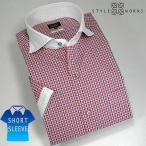シャツ / ドレスシャツ 半袖1207 ドレスシャツ クレリックハンドステッチカッタウェイワイド 赤&青ミニチェック